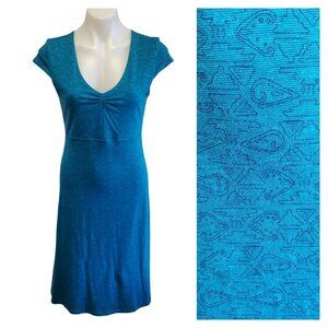 Toad & Co Blue Teal Aztec Southwest Print Organic Cotton Midi Cap Sleeve Dress S